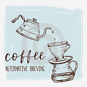 Poster template with hand drawn coffee brewing process.