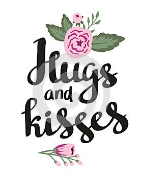 Poster template - Hugs and kisses. Wedding, marriage, save the date, Valentine's day. Stylish simple floral desig