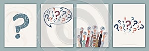 Poster -template with Raised hands of people holding a speech bubble with a hand-drawn question mark
