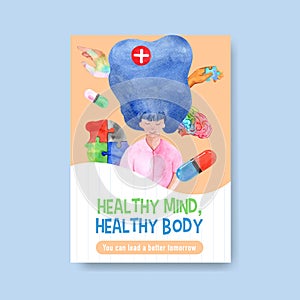 Poster template with world mental health day concept design for brochure and leaflet watercolor vector illustraion