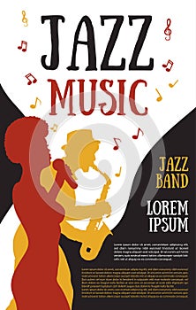 Poster templates for jazz music festival,concert with silhouette of jazz musicians and african girl singer.Retro style