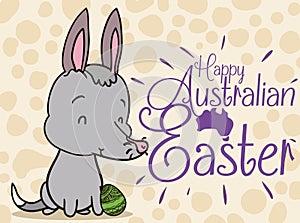 Smiling Bilby with a Decorated Egg, Celebrating Australian Easter, Vector Illustration