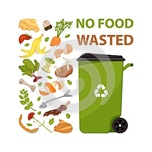 Poster with text No food wasted. Cartoon dumpster with food garbage. Illustration for food processing and compost, organic waste,