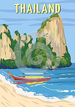 Poster Thailand tropical resort vintage. Travel holiday summer. Exotic beach coast, boat, palms, ocean. Retro style