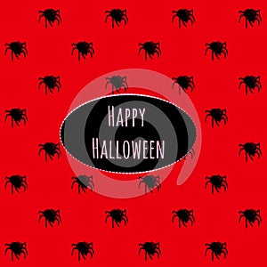 Poster on theme of Halloween holiday party or greeting card with silhouettes of spiders crawling in black on a red