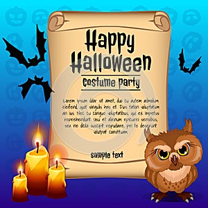 Poster on theme of the Halloween holiday. Sketch with space for text on old paper sheet. Vector illustration.