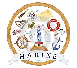 Poster on theme of Marine. Symbols of navigation. Vector illustration.