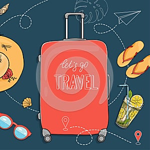 Poster on the theme of summer travel, leisure and adventure. A large suitcase on wheels and summer accessories on a dark