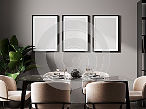 poster three frames mock up in modern dining room interior with black table and chairs and gray wall with sunbeams, minimalist