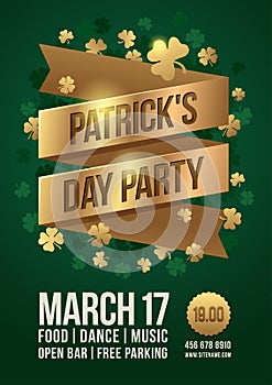 Poster to celebrate St. Patrick`s Day. Gold tape with inscription: `Patrick`s Day Party` and gold clover leaves.