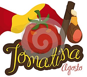 Waving Flag, Stick, Ham and Splattered Tomato for Tomatina Festival, Vector Illustration