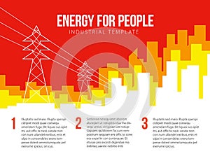 Poster vector template with electric power lines and city skyline