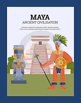 Poster or vertical banner about Maya ancient civilization flat style, vector illustration