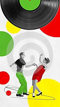 Poster for a vintage dance event, celebrating retro music and swing dance culture. Two people dancing in 1950s attire