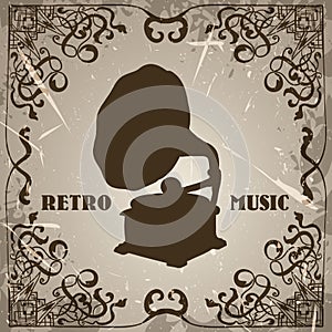 Poster with vintage gramophone. Retro hand drawn vector illustration label retro music