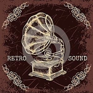 Poster with vintage gramophone. Retro hand drawn vector illustration label retro sound in sketch style