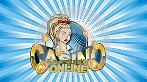 Poster. Virtual online casino with a pretty girl on an abstract blue background with rays.