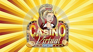 Poster. Virtual online casino with a pretty girl on a gold background with rays.