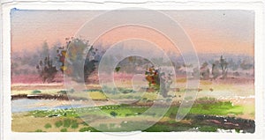 Poster of wall art landscape watercolor painting clip art for background.