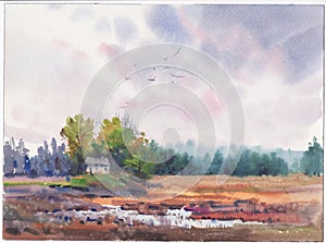 Poster of wall art landscape watercolor painting clip art for background.