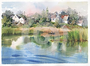 Poster of wall art landscape watercolor painting clip art for background.