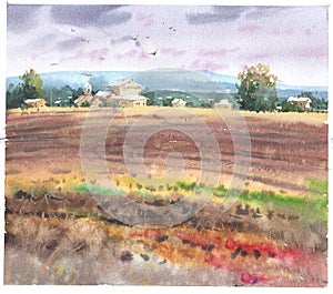 Poster of wall art landscape watercolor painting clip art for background.