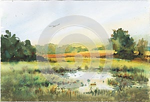 Poster of wall art landscape watercolor painting clip art for background. You can use like luxury invitation card with