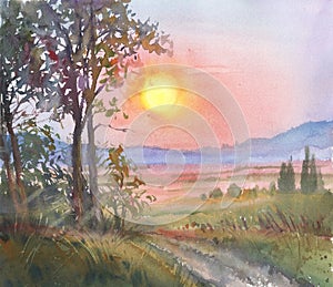 Poster of wall art landscape watercolor painting clip art for background. You can use like luxury invitation card with