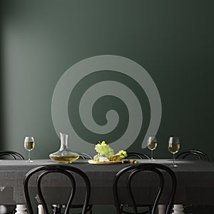 Poster, wall mock up in dark green dining room interior