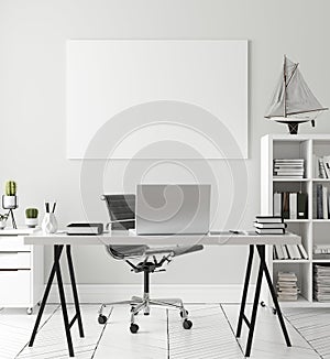 Poster, wall mock up in home interior background, home office, Scandinavian style