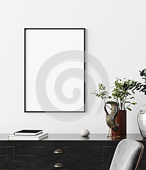 Poster, wall mockup in interior background with dark furniture, industrial style