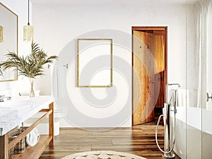 Poster, wall mockup in white cozy bathroom interior background