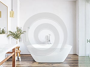 Poster, wall mockup in white cozy bathroom interior background