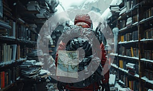 Poster The wanderer in red winter jacket and hat with backpack and map in his hands goes