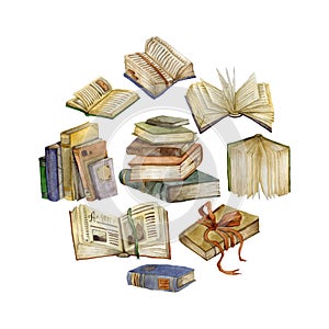 Poster with watercolor books set. Open books and stack of books. Education and knowledge concept. Isolated objects on white backgr