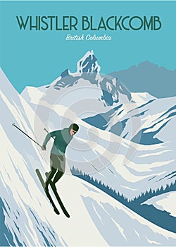 poster of whistler blackcomb background illustration design, man skier running downhill on british columbia ski resort