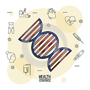 Poster white background with black silhouette icons of health control in background and colorful dna chain icon in