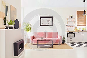 Poster on white wall above pink couch in flat interior with kitchenette and fireplace. Real photo