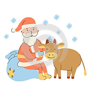 Poster witha a cute ox and cheerful Santa photo