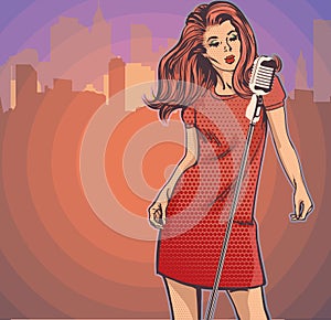 Poster with woman singer. Red dress on woman. Retro microphone. Jazz, soul and blues live music party poster.