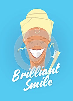 Poster with woman smiling. White healthy teeth, toothbrush or toothpaste advertisement. Retro style. Denist service
