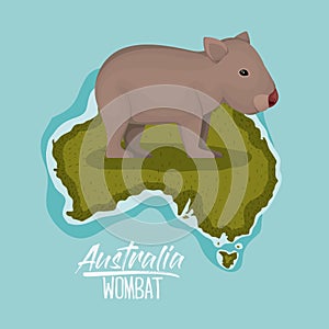 Poster wombat in australia map in green surrounded by the ocean