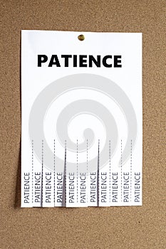 Poster with the word patience and a few strips with the word patience to pick up and carry, placed on an information cork board.
