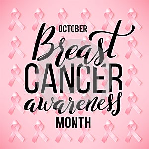 Poster for world breast cancer awareness month in october . Background with realistic pink silk ribbon. Vector