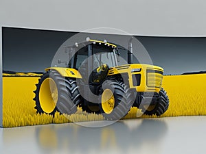 Poster with yellow tractor or combine harvesting wheat in the field