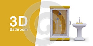 Poster with yellow and white background and text. Shower cabin with transparent glass door