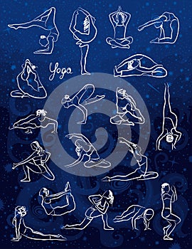 Poster with Yoga Poses and Asanas on Space Background