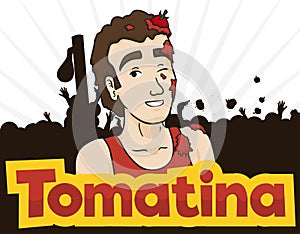 Poster with Young Man Celebrating Tomatina Event, Vector Illustration photo