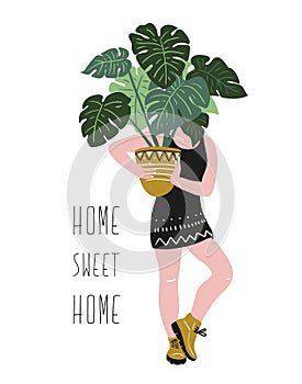 Poster with young woman cultivating home tropical plants and text - `Home sweet home`. Hand drawn vector illustration.