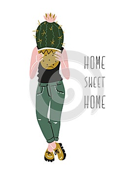 Poster with young woman cultivating home tropical plants and text - `Home sweet home`. Hand drawn vector illustration.